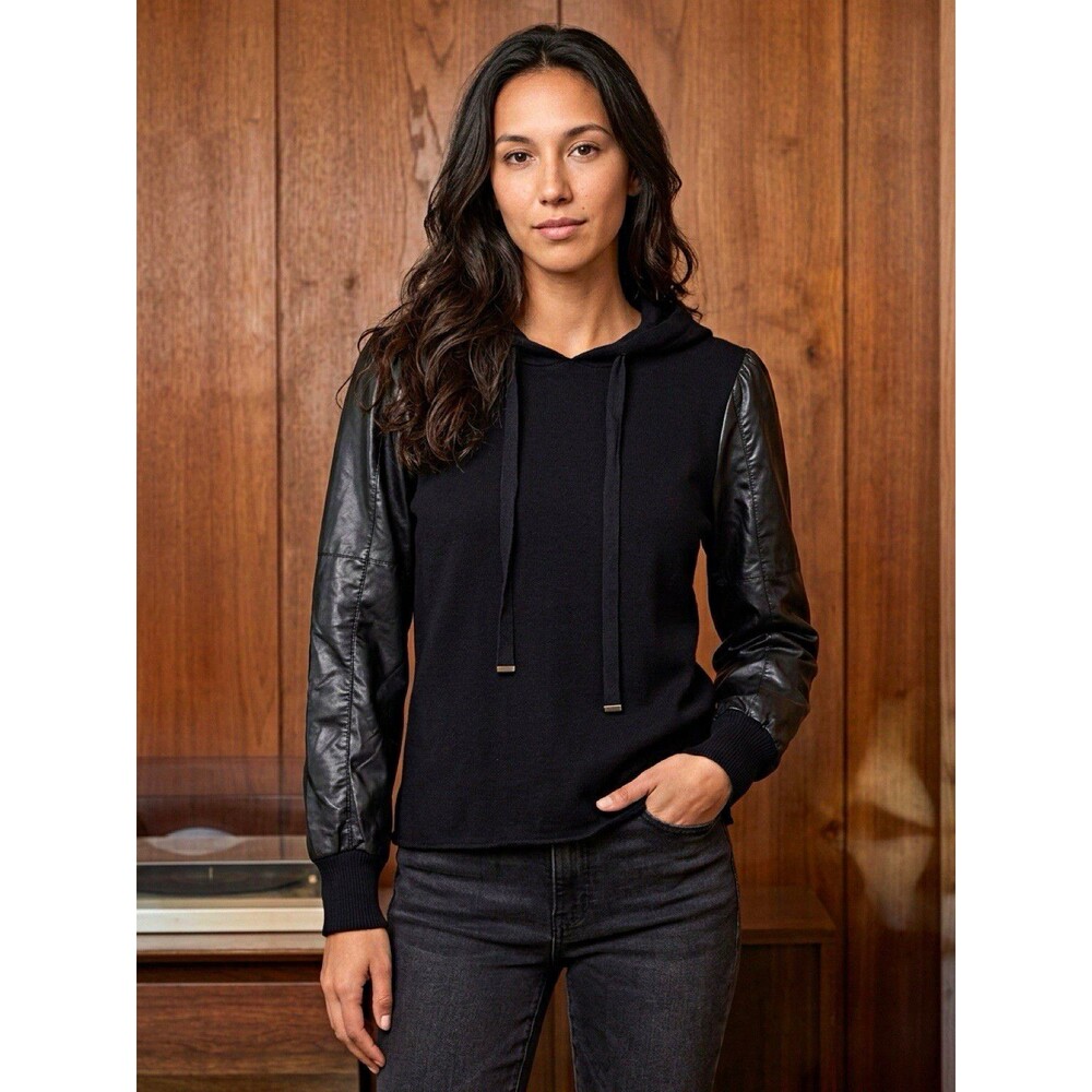 Caryn Vallone Black Pullover Hoodie Faux Leather Sleeves Womens Small